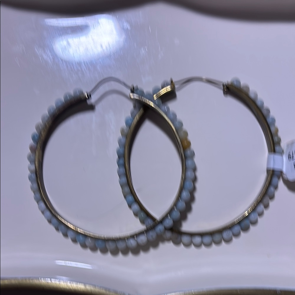 Anthropologie Gold & Sea Glass Beaded Hoop Earrings… 3 Inches NWT